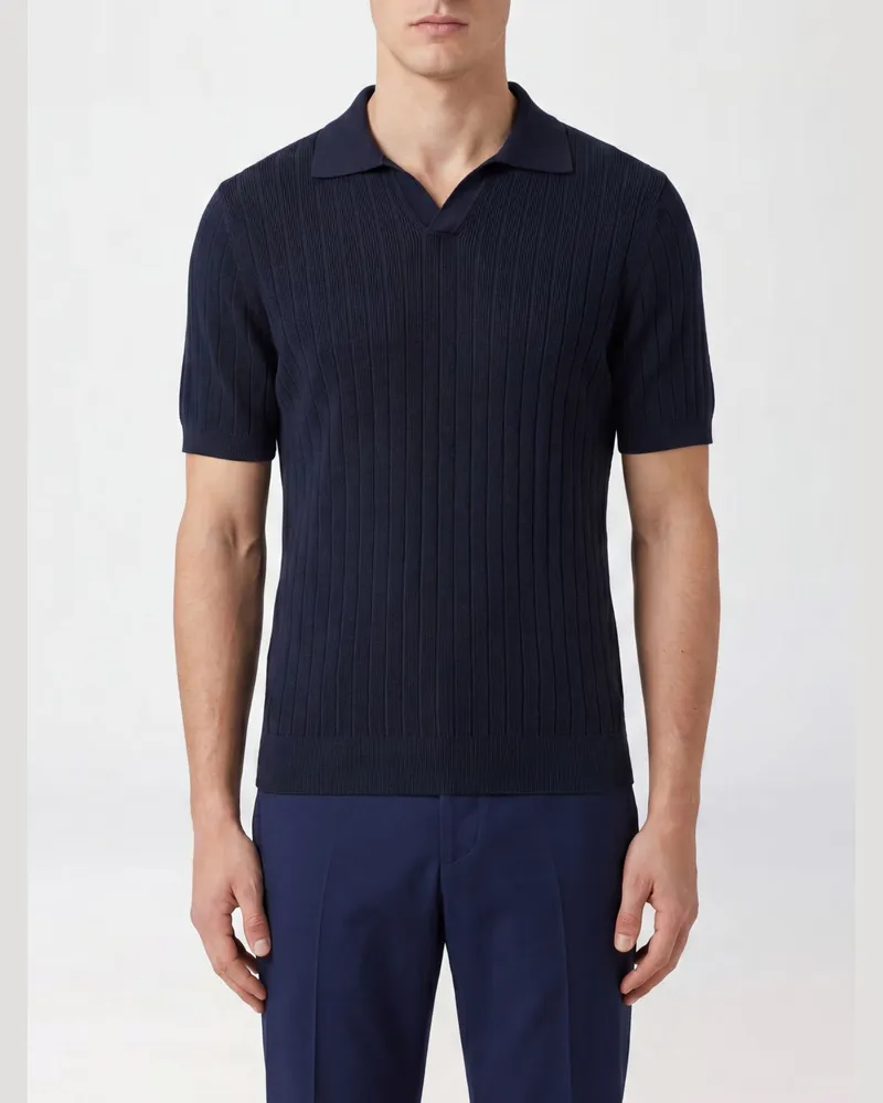 Fedeli Slim Fit V-Ausschnitt Strickpolo aus Bio-Baumwolle mit kurzen Ärmeln Blau