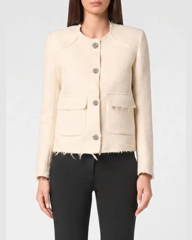 Philipp Plein Einreihiger kurzer Tweed-Blazer mit Schmuckknöpfen Weiß