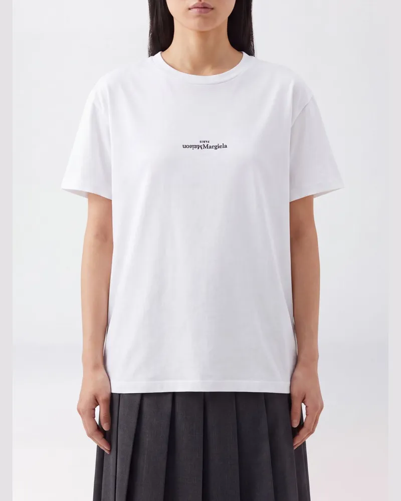 Maison Margiela Baumwoll-T-Shirt mit überschnittenen Schultern und gesticktem Logo Weiß