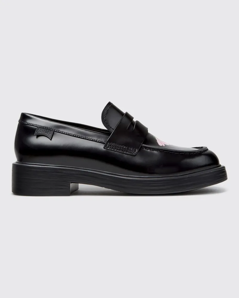 Camper Twins Penny Loafers aus gebürstetem Leder mit Blumenmuster Schwarz