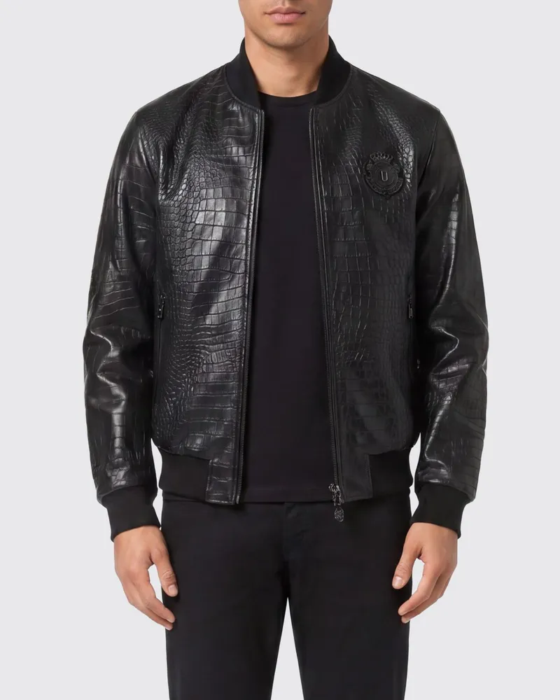 Billionaire Bomberjacke aus Leder mit Krokoprint Schwarz