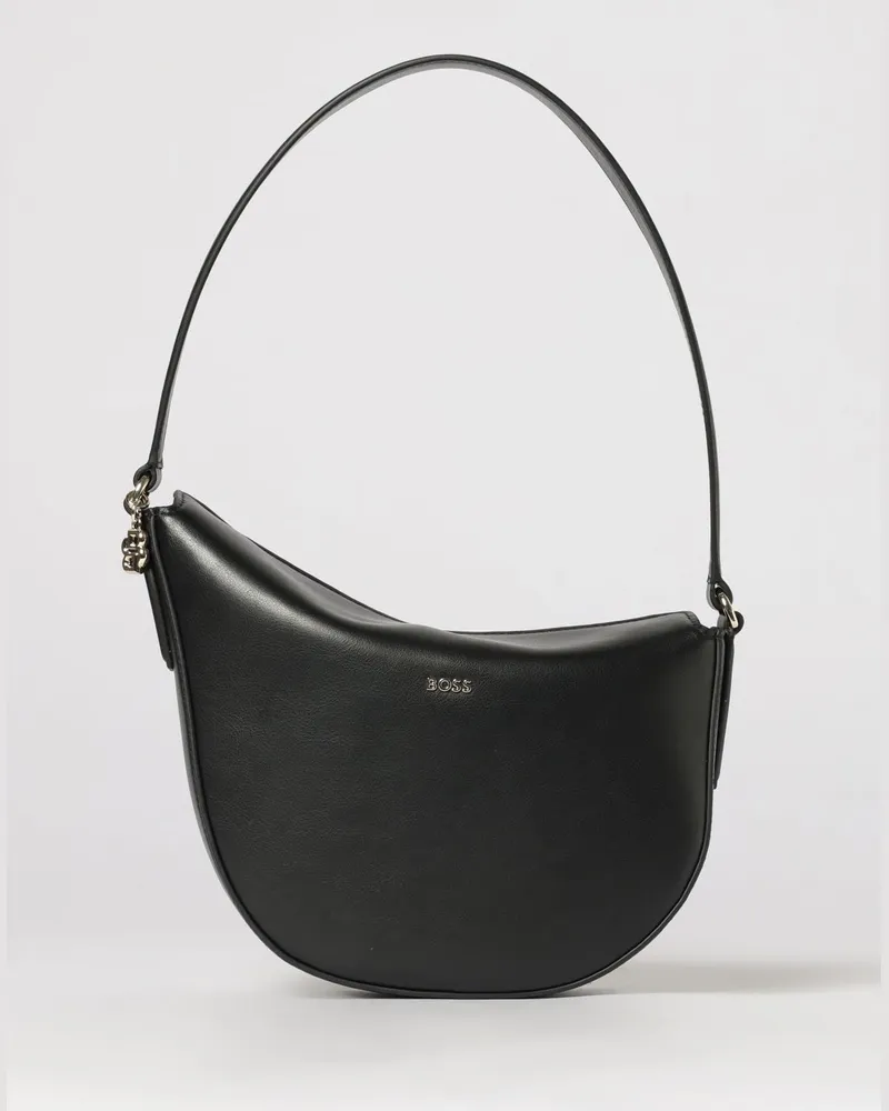 HUGO BOSS Hobo-Tasche aus glattem Rindsleder mit Klappverschluss und Metalllogo Schwarz