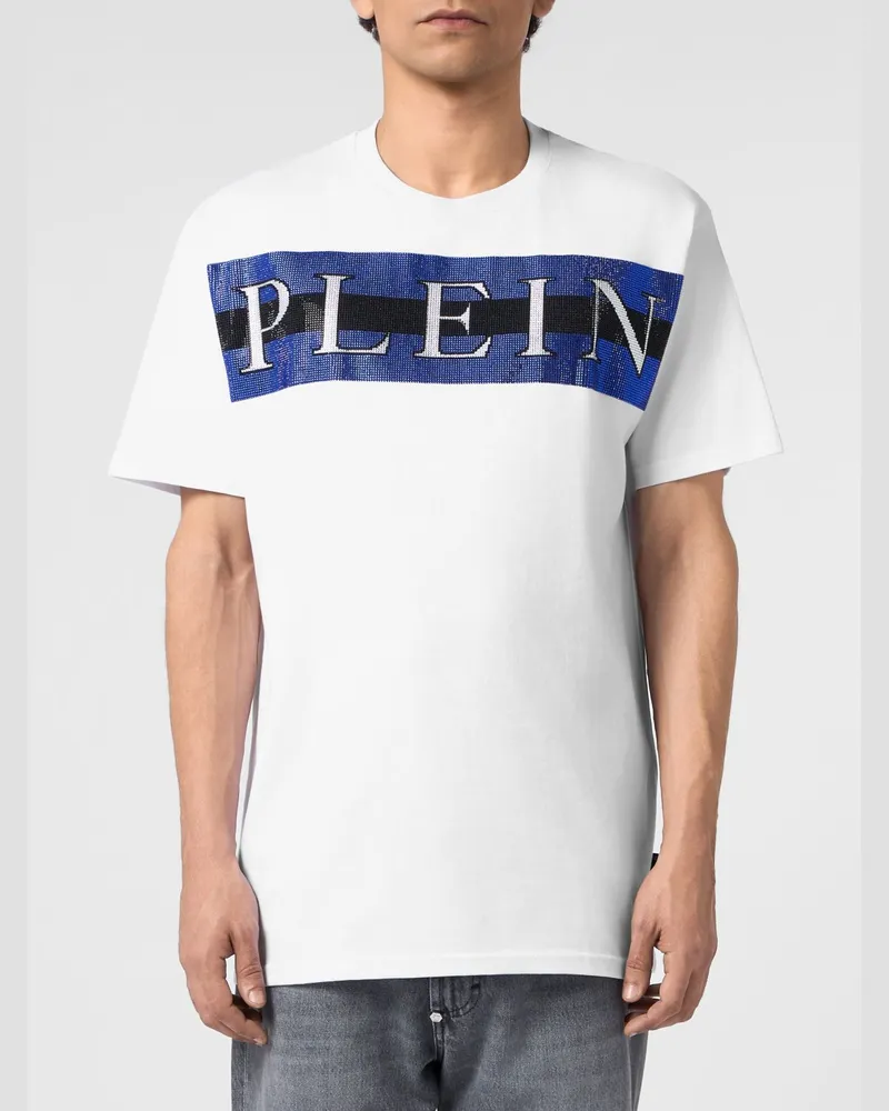 Philipp Plein Baumwoll-T-Shirt mit strassverziertem, gesticktem Logo-Schriftzug Weiß