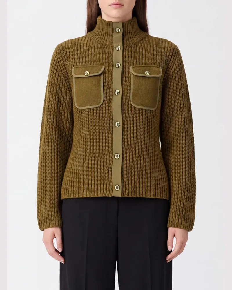 Pinko Slim-Fit-Rippenstrickjacke mit Stehkragen aus Wolle und Alpaka Grün