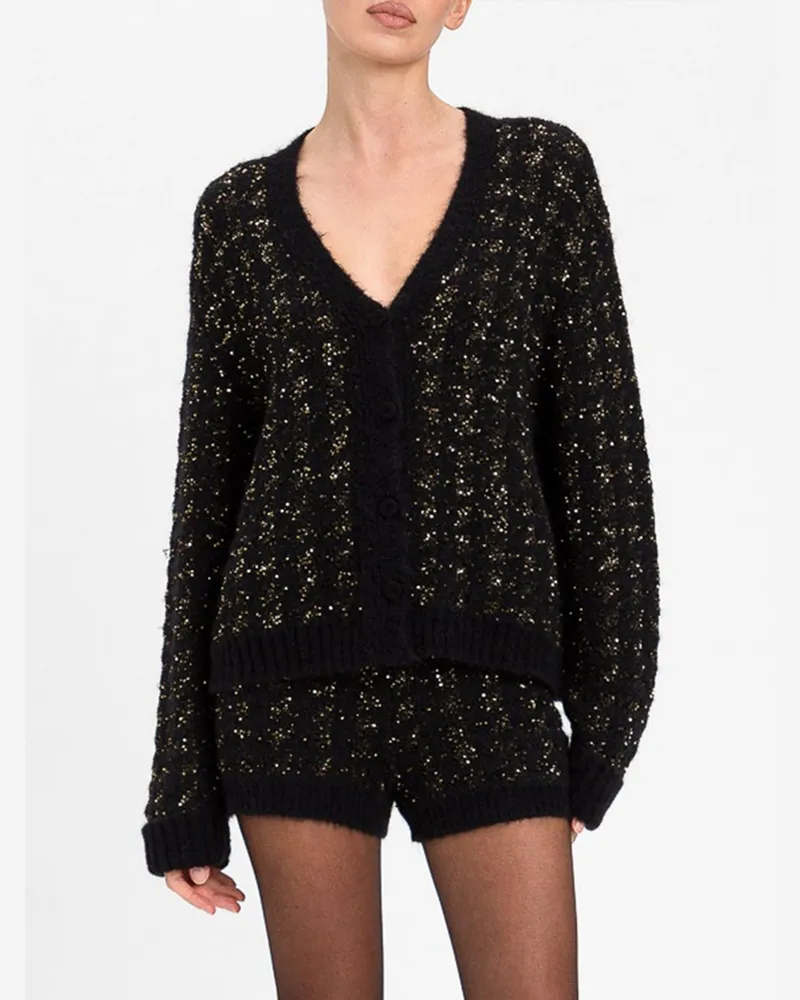 Twin-Set Lurex-Cardigan mit tiefem V-Ausschnitt und überschnittenen Schultern Schwarz
