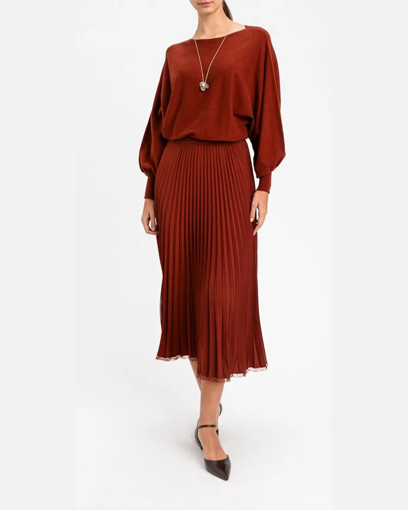 Twin-Set Midi-Strickkleid aus Crêpe von mit Plisseerock und langen Ärmeln Braun