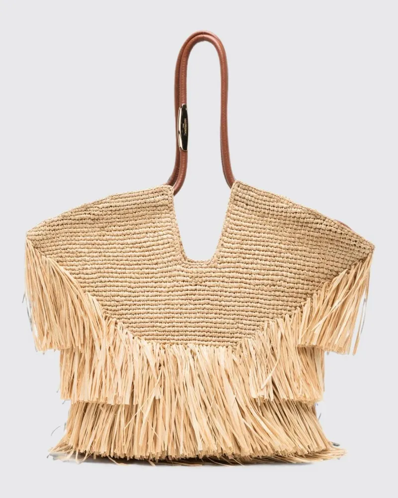 Zimmermann Goldentime Raffia-Tote mit bestickten Fransen und Lederhenkeln Beige