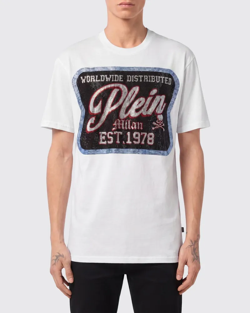 Philipp Plein Kurzärmeliges Baumwoll-T-Shirt mit kontrastierendem Logo-Print Weiß