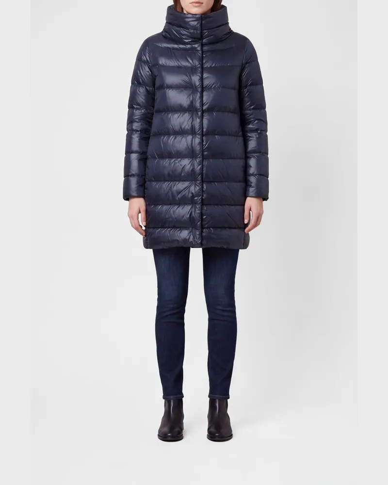 Herno Langer Stepp-Daunenmantel aus Nylon mit Stehkragen und verdecktem Verschluss Blau