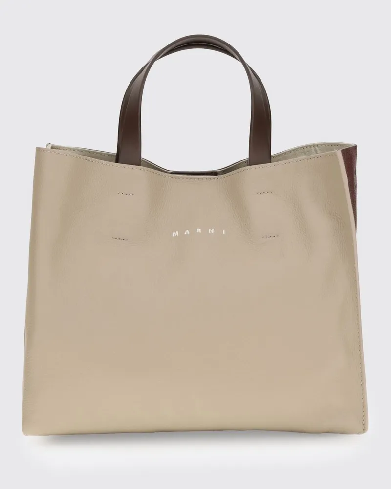 Marni Mittelgroße Tote-Tasche aus zweifarbigem Leder mit Doppelgriff und Riemen Grau
