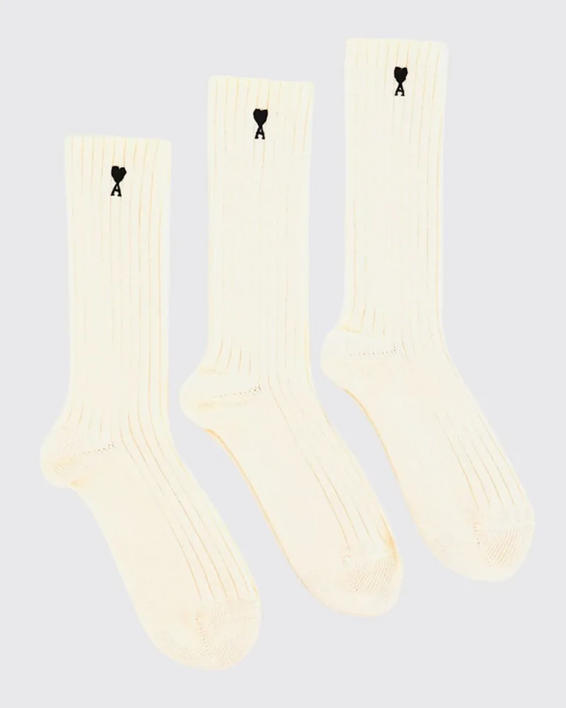 AMI Paris Set aus drei Paar gerippten Baumwollsocken mit gesticktem Logo Weiß
