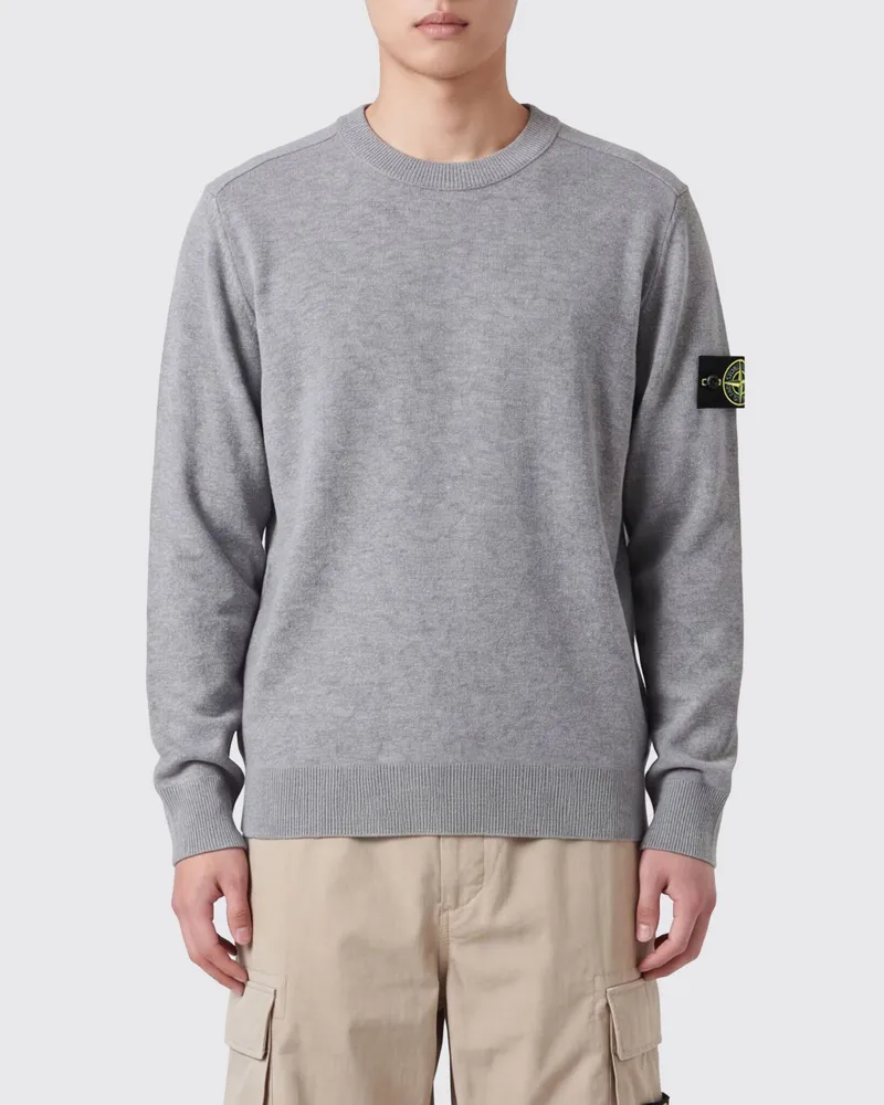 Stone Island Pullover aus Schurwolle mit Rundhalsausschnitt und Compass-Logo-Patch Grau