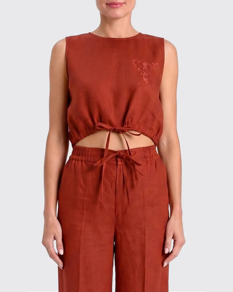 Twin-Set Besticktes Leinen-Crop-Top Braun