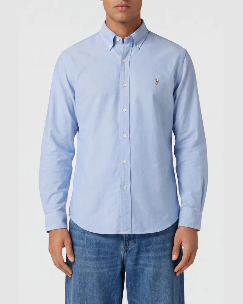 Ralph Lauren Gestreiftes Baumwollhemd mit Button-Down-Kragen Blau
