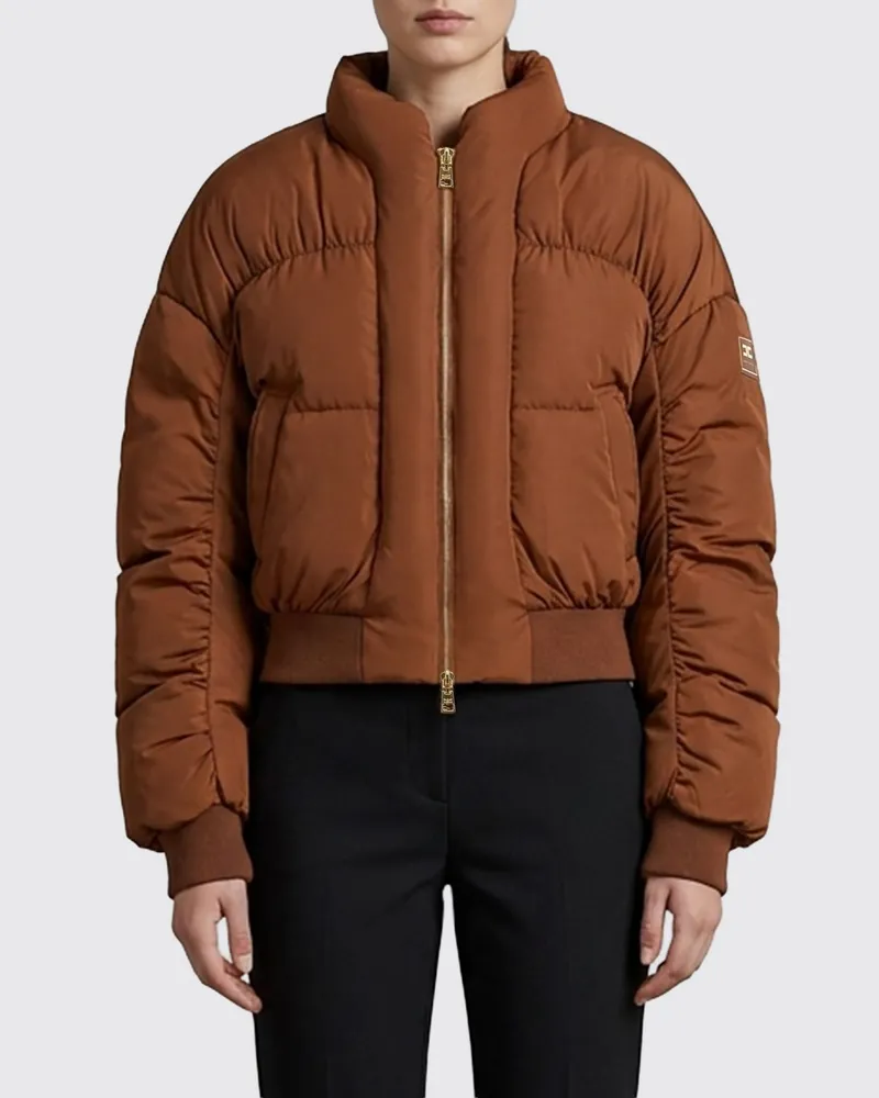 Elisabetta Franchi Gesteppte kurze Daunenjacke von mit Stehkragen und Kontrastlogo Braun