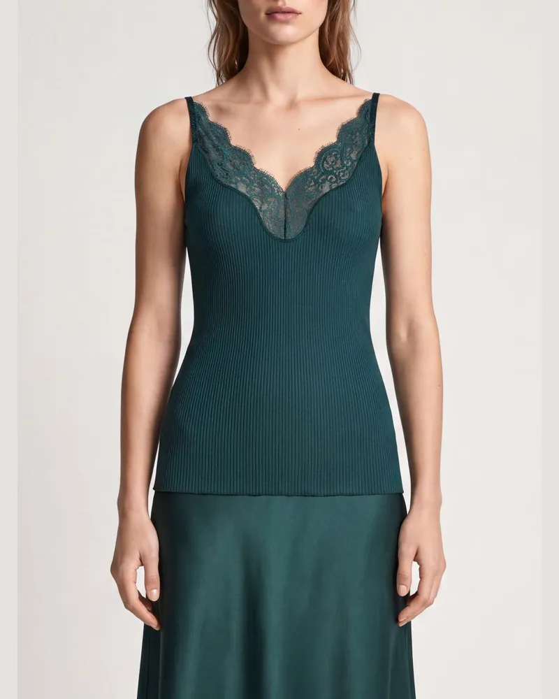Saint Laurent Geripptes Seidenstricktop mit Spitzeneinsätzen Grün