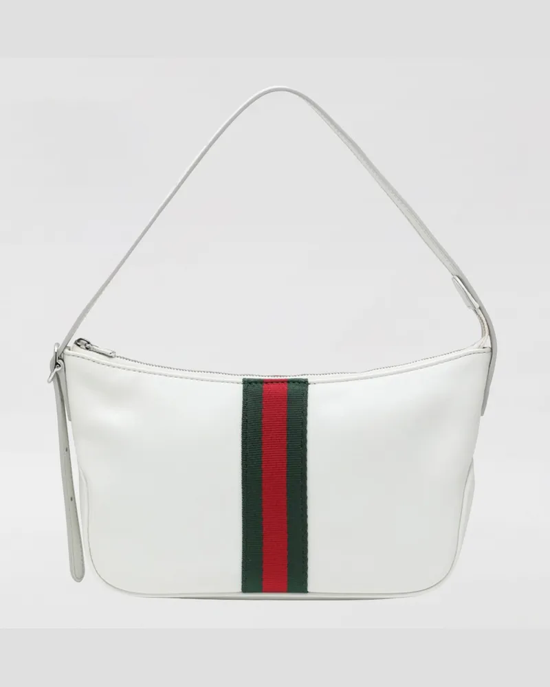 Gucci Lunetta Web Leder-Schultertasche Weiß