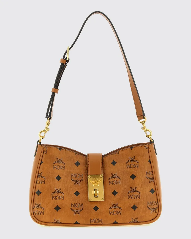 MCM Tracy Schultertasche aus beschichteter Baumwolle mit Logo-Print und ausgestellter Form Braun