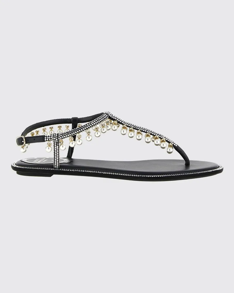René Caovilla Diana flache Zehentrenner-Sandalen aus Leder mit Perlen und Kristallen Weiß