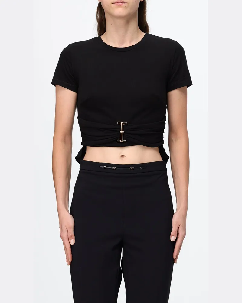 Elisabetta Franchi Gecropptes Baumwoll-T-Shirt von mit Logo-Plakette aus Metall Schwarz