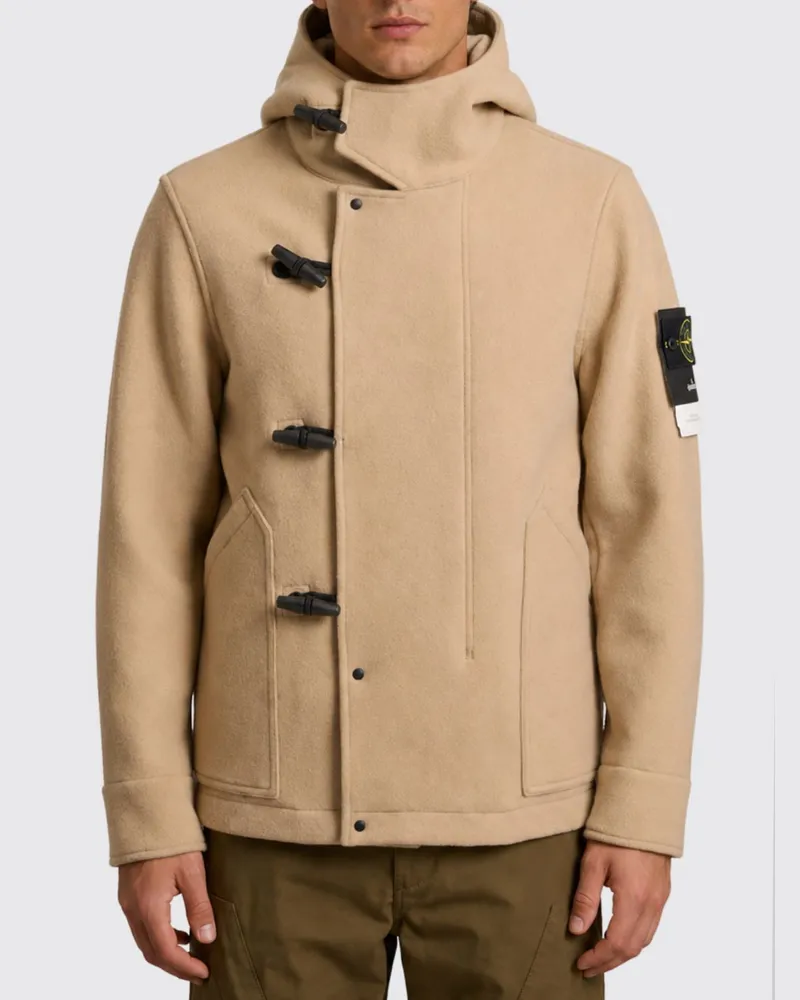 Stone Island Woll-Dufflecoat von mit Kapuze und Compass-Logo Biscuit