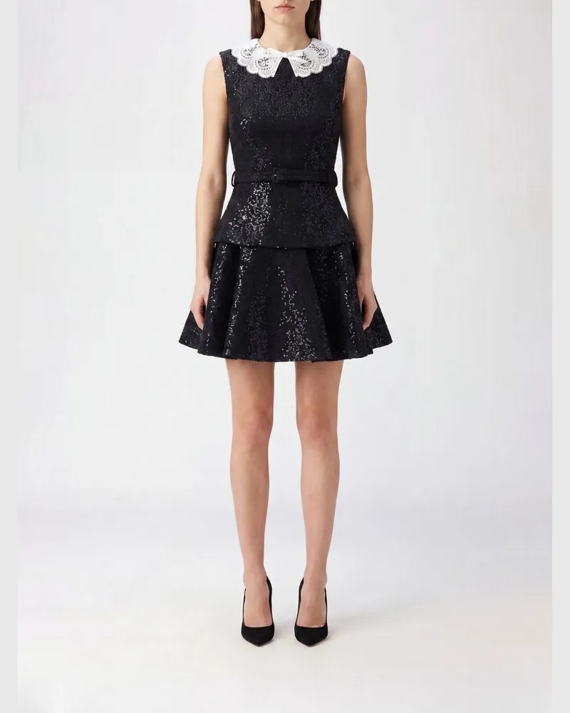 Self-Portrait A-Linien-Minikleid aus Woll-Bouclé mit Spitze und Pailletten Schwarz
