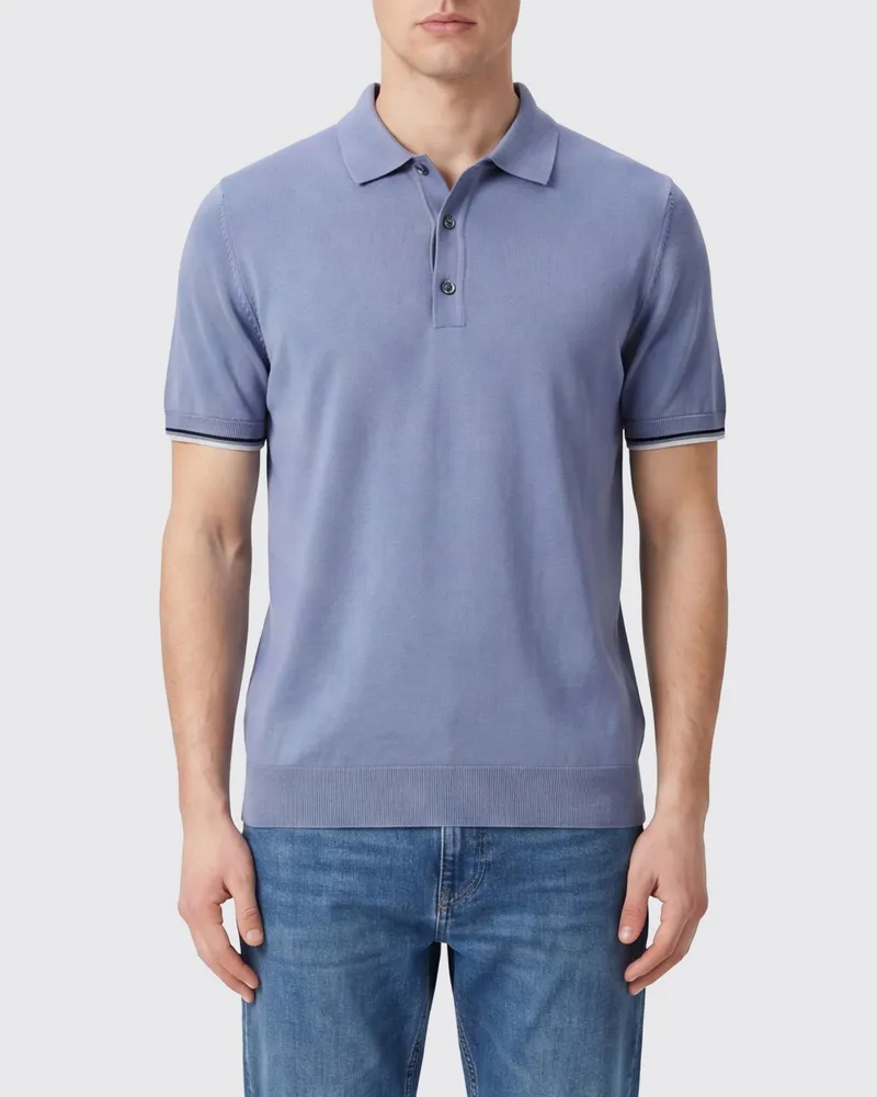 MOORER Strick-Poloshirt aus reiner Baumwolle mit gerippten Bündchen Blau