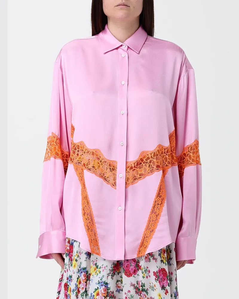 MSGM Locker geschnittenes Satinhemd mit Spitzeneinsätzen und überschnittenen Schultern Pink