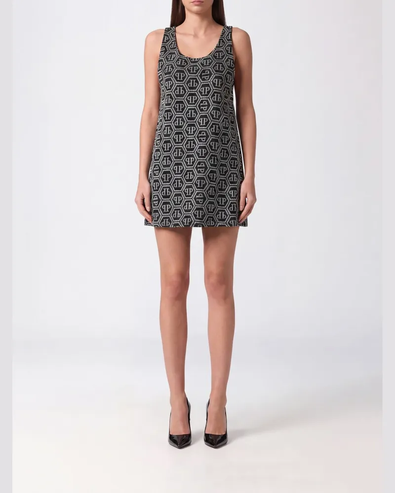 Philipp Plein A-Linien-Minikleid von aus Crêpe mit freien Schultern und Strass-Logo Schwarz