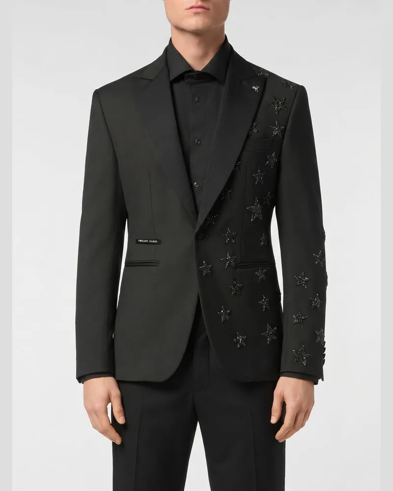 Philipp Plein Einreihiger Wollblazer mit Allover-Kristallsternen Schwarz