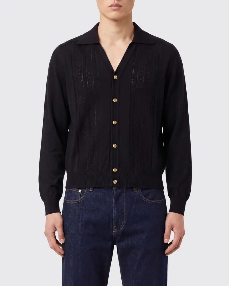 Versace Langärmeliges Strick-Poloshirt aus Seide und Baumwolle Schwarz