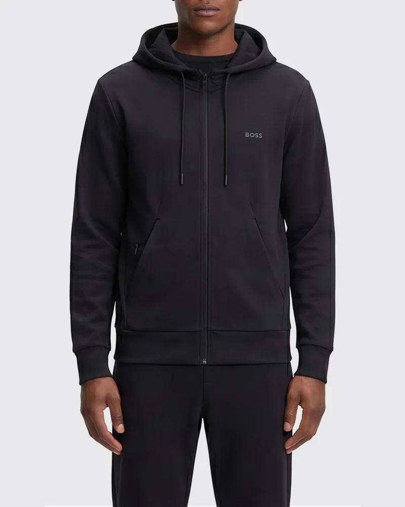 HUGO BOSS Saggy Kapuzenpullover aus Baumwolle mit Reißverschluss und Logo-Schriftzug Blau