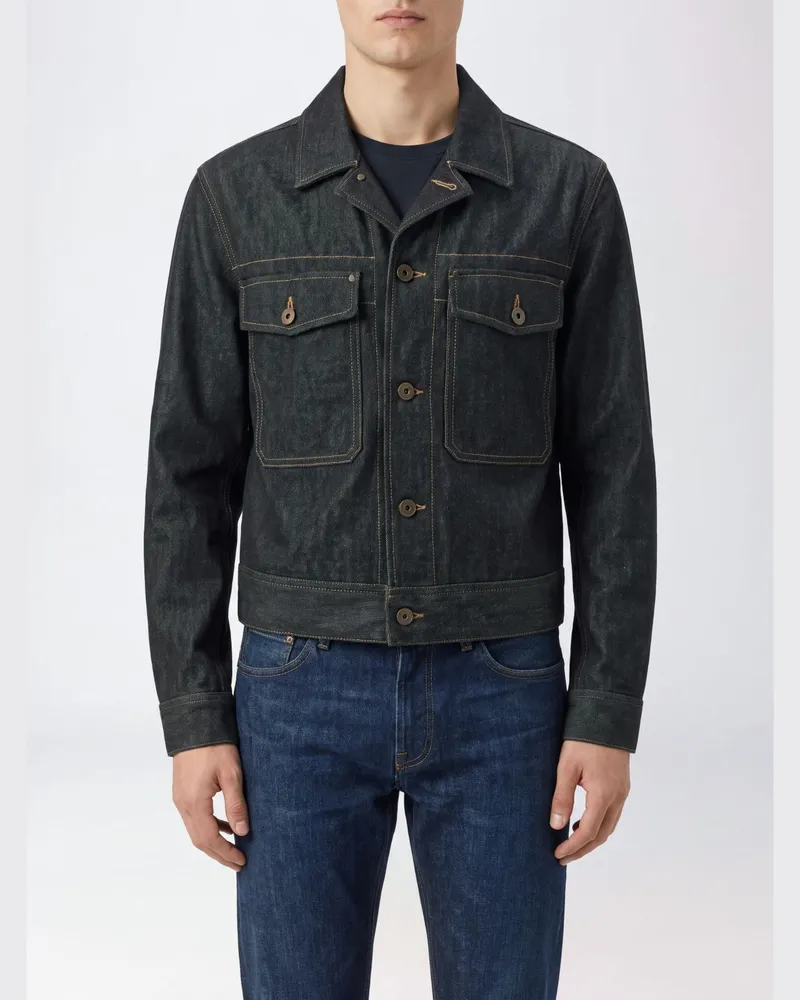 Christophe Lemaire Hemdjacke aus Baumwolldenim mit kubanischem Kragen und Kontrastnähten Blau