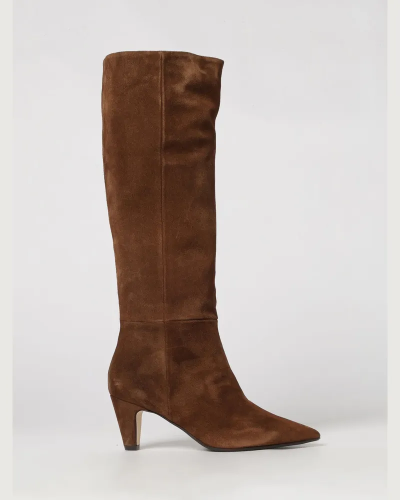 Anna F. Klassische kniehohe Stiefel aus Veloursleder mit Kegelabsatz Braun