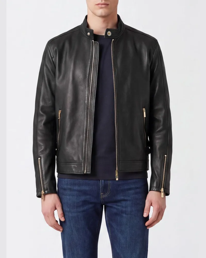 Versace Bikerjacke aus weichem Lammleder mit Biker-Kragen und Reißverschlüssen Schwarz