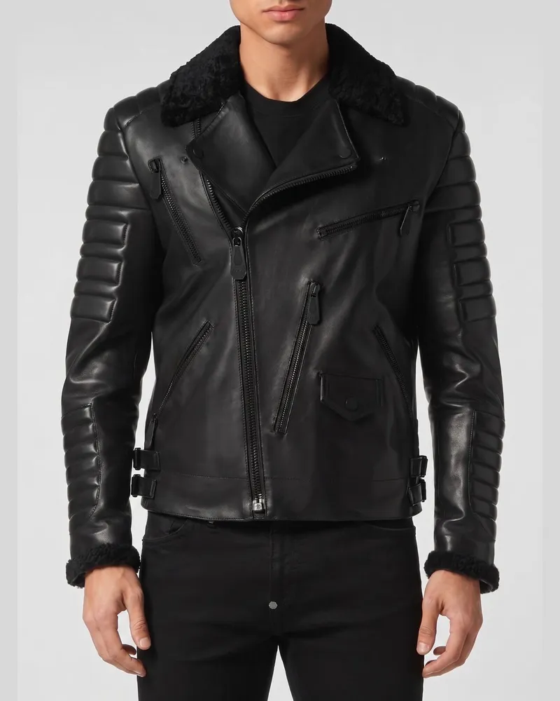 Philipp Plein Bikerjacke aus Lammleder Schwarz