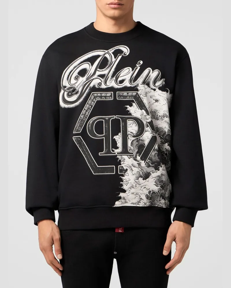 Philipp Plein Rundhals-Sweatshirt aus Baumwolle mit Grafikdruck und Hexagon-Logo Schwarz