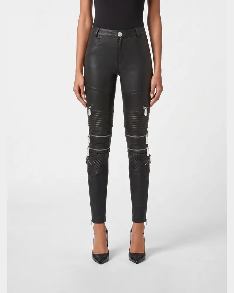 Philipp Plein Skinny Fit Lederhose mit Reißverschlüssen Schwarz