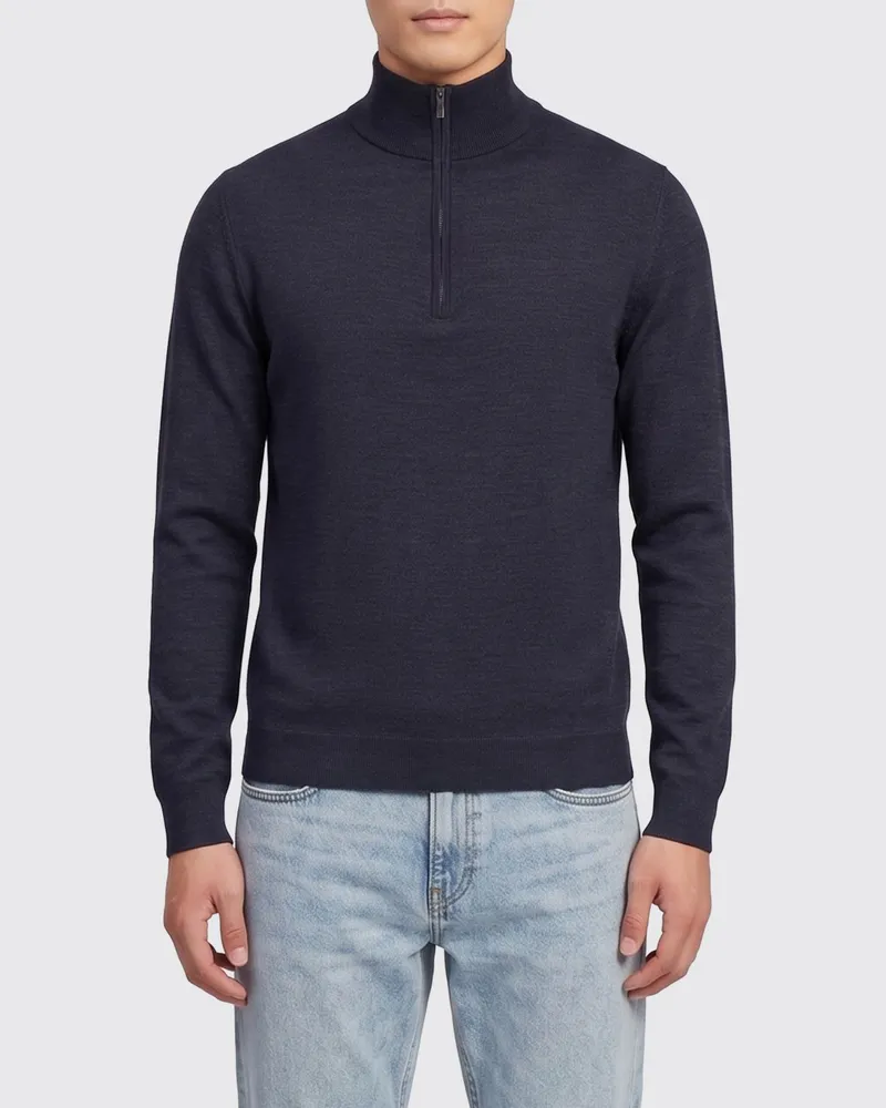 Zanone Slim Fit Wollpullover mit Stehkragen, halbem Reißverschluss und langen Ärmeln Blau