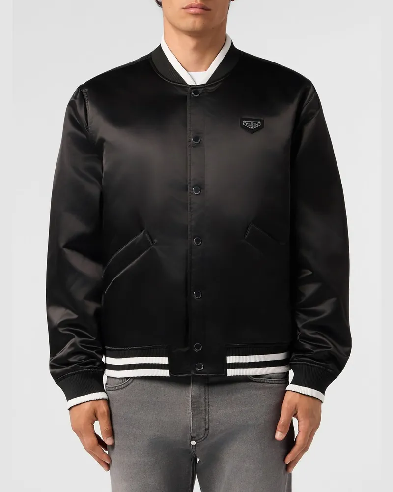 Philipp Plein Gepolsterte Satin-Bomberjacke im College-Stil mit Knopfverschluss Schwarz