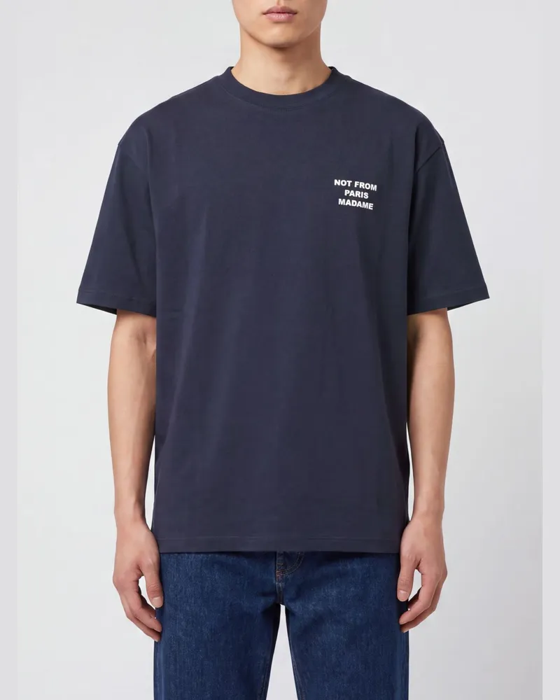 Drôle de Monsieur Baumwoll-T-Shirt mit Logo-Print und überschnittenen Schultern Blau