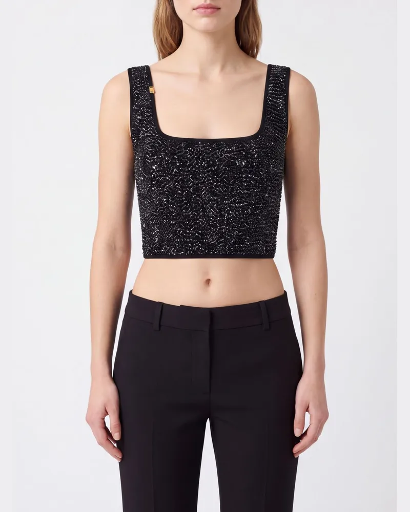 Elisabetta Franchi Schulterfreies, kurzes Slim-Fit-Top aus Viskose mit Pailletten Schwarz