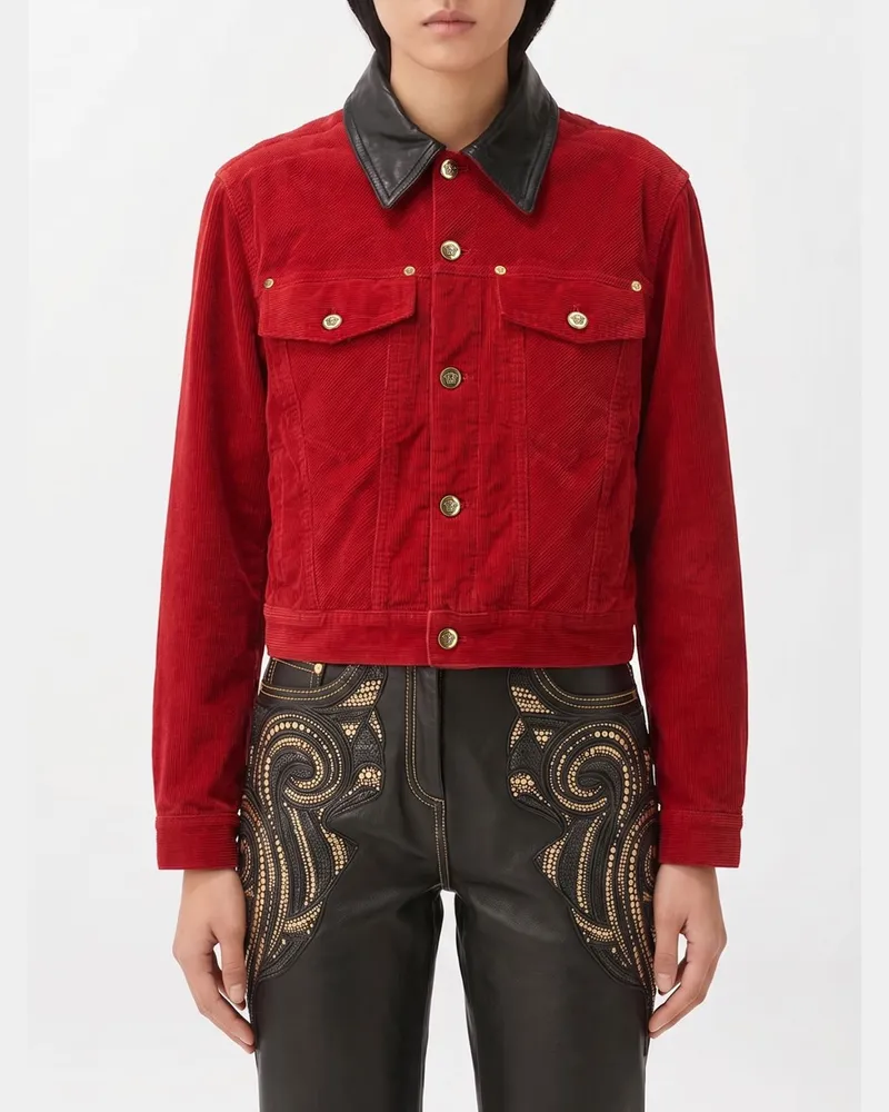 Versace Cropped-Hemdjacke aus Baumwollsamt mit Lederkragen Rot