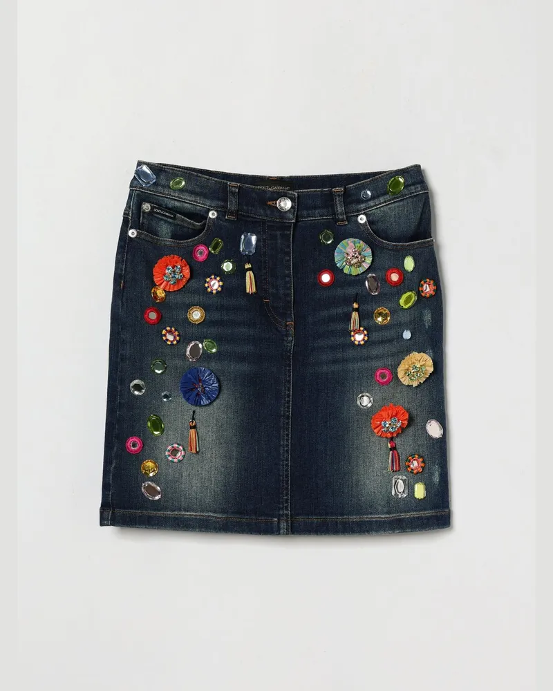Dolce & Gabbana DOLCE  GABBANA Dolce & Gabbana Denim-Minirock für Mädchen mit Stickerei, Strass und Quasten Denim