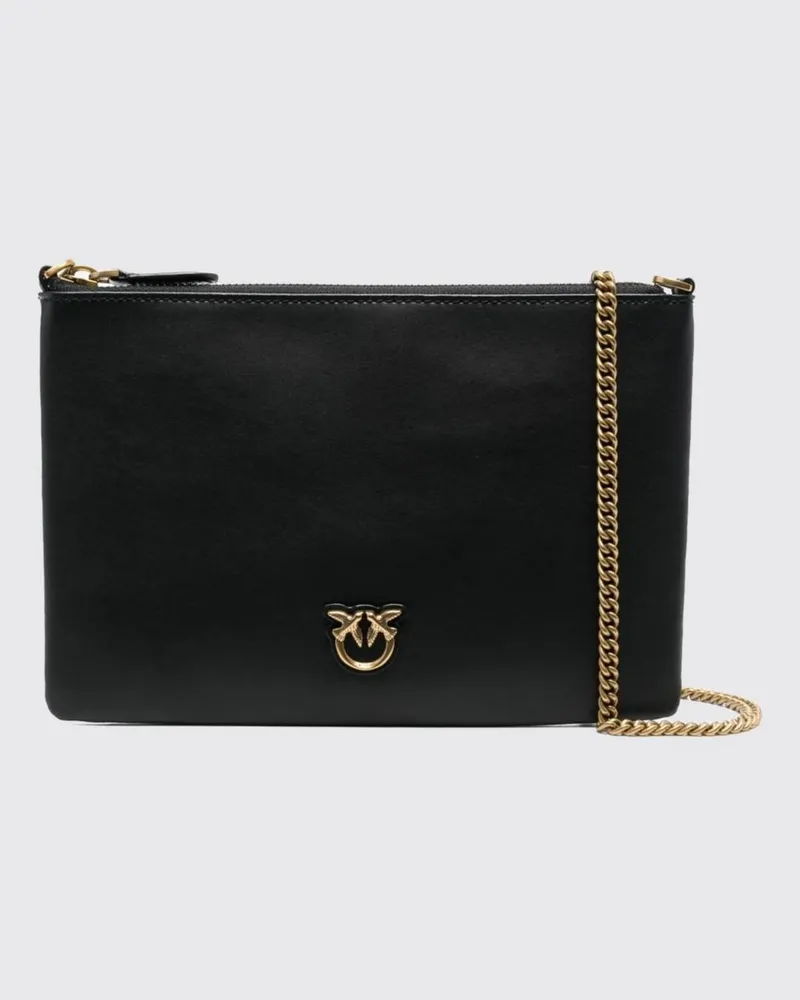 Pinko Love Bag Simple Clutch aus Leder mit Kettengliederriemen und Love Birds-Logo Schwarz