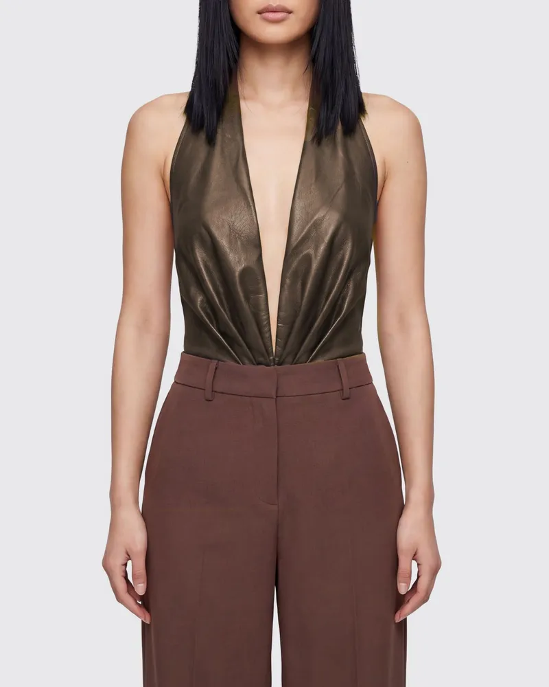 ANDAMANE Schulterfreies Slim-Fit-Top aus Kunstleder Braun