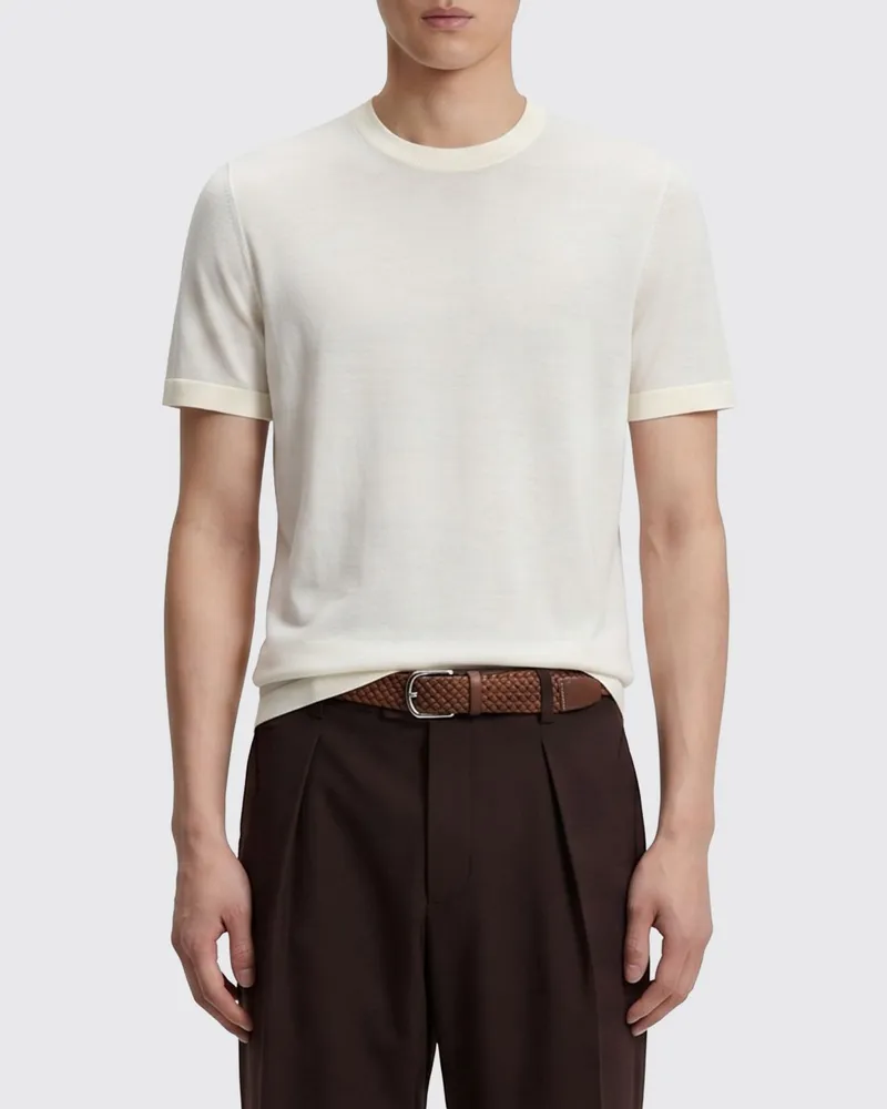 HUGO BOSS Kurzärmeliger Pullover mit Rundhalsausschnitt aus reiner Schurwolle Natural
