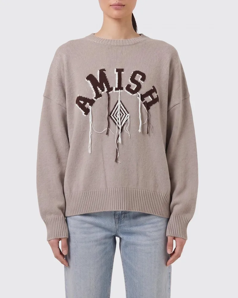 Amish Baumwoll-Rundhalspullover mit Logo Beige