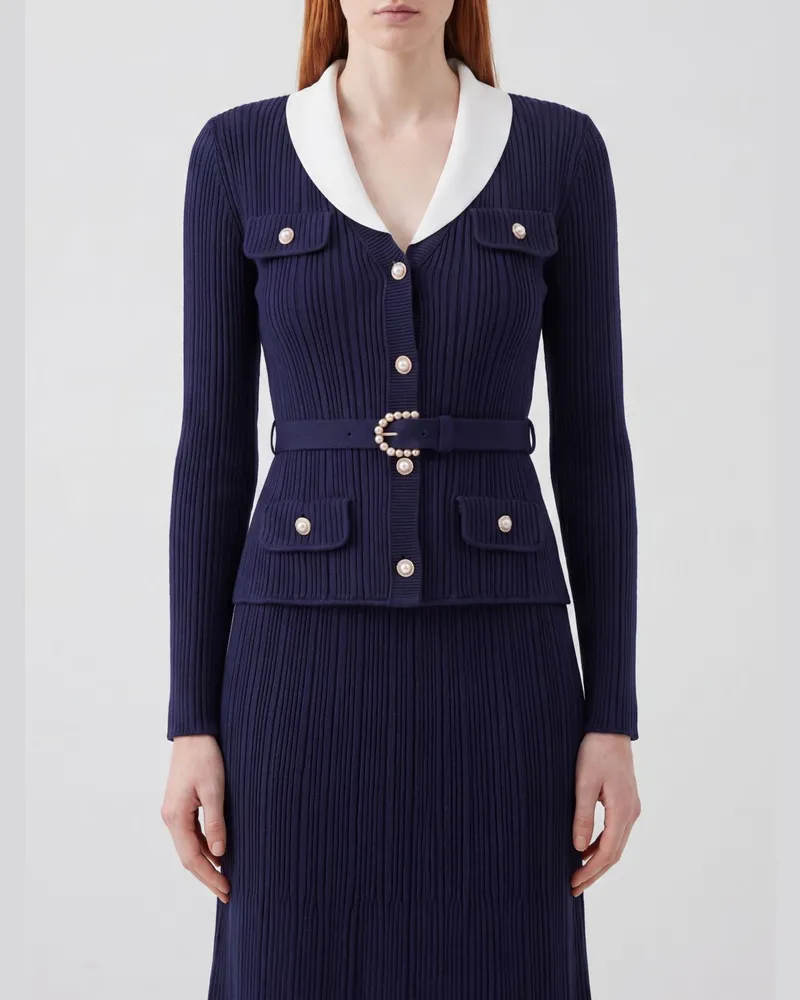 Self-Portrait Slim-Fit-Rippstrick-Cardigan mit Revers und Gürtel Navy