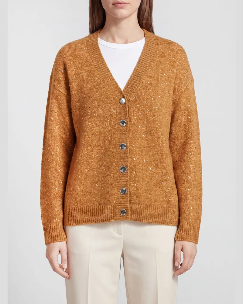 Pinko Cardigan aus Wollmischung von mit V-Ausschnitt und Strassapplikationen Ocker